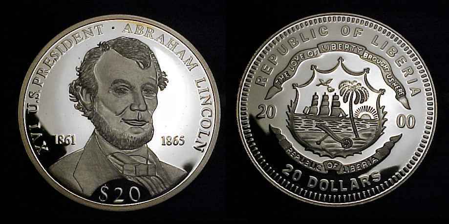 Liberia 2000 Silver 20 Dollars Abraham Lincoln Proof