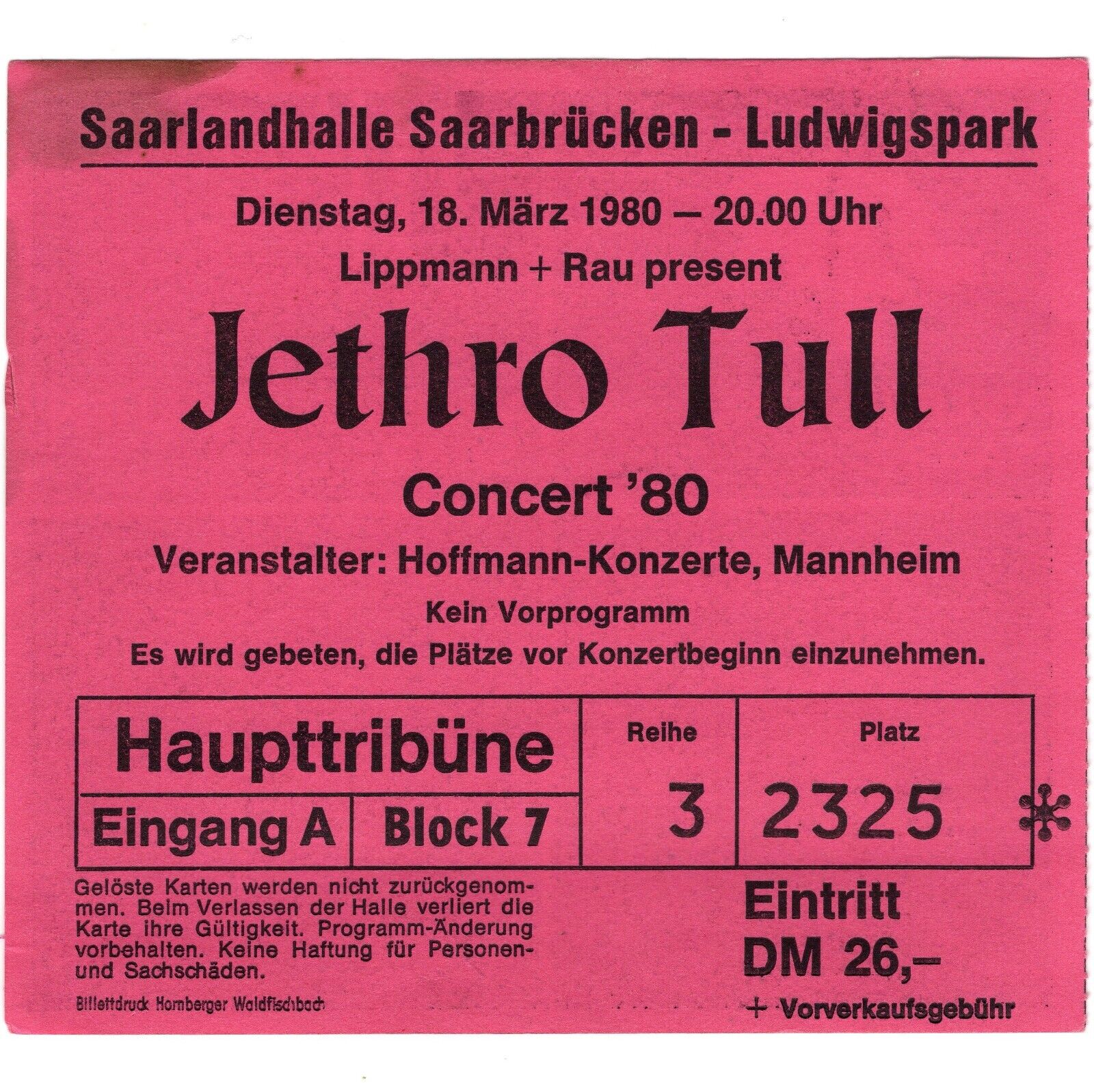 Jethro Tull Big Concert Ticket Stub Saarbrucken Germany 3/18/80 Stormwatch Tour